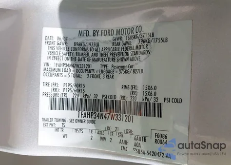 2007 Ford Focus S/Se/Ses из США, поврежденный, VIN 1FAHP34N47W331201